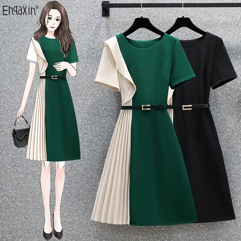 

EHQAXIN Summer New Womens Dress 2022 Fashion Chiffon Super Fairy Contrast Color Splicing Pleated Dresses Ladies With Belt L-4XL