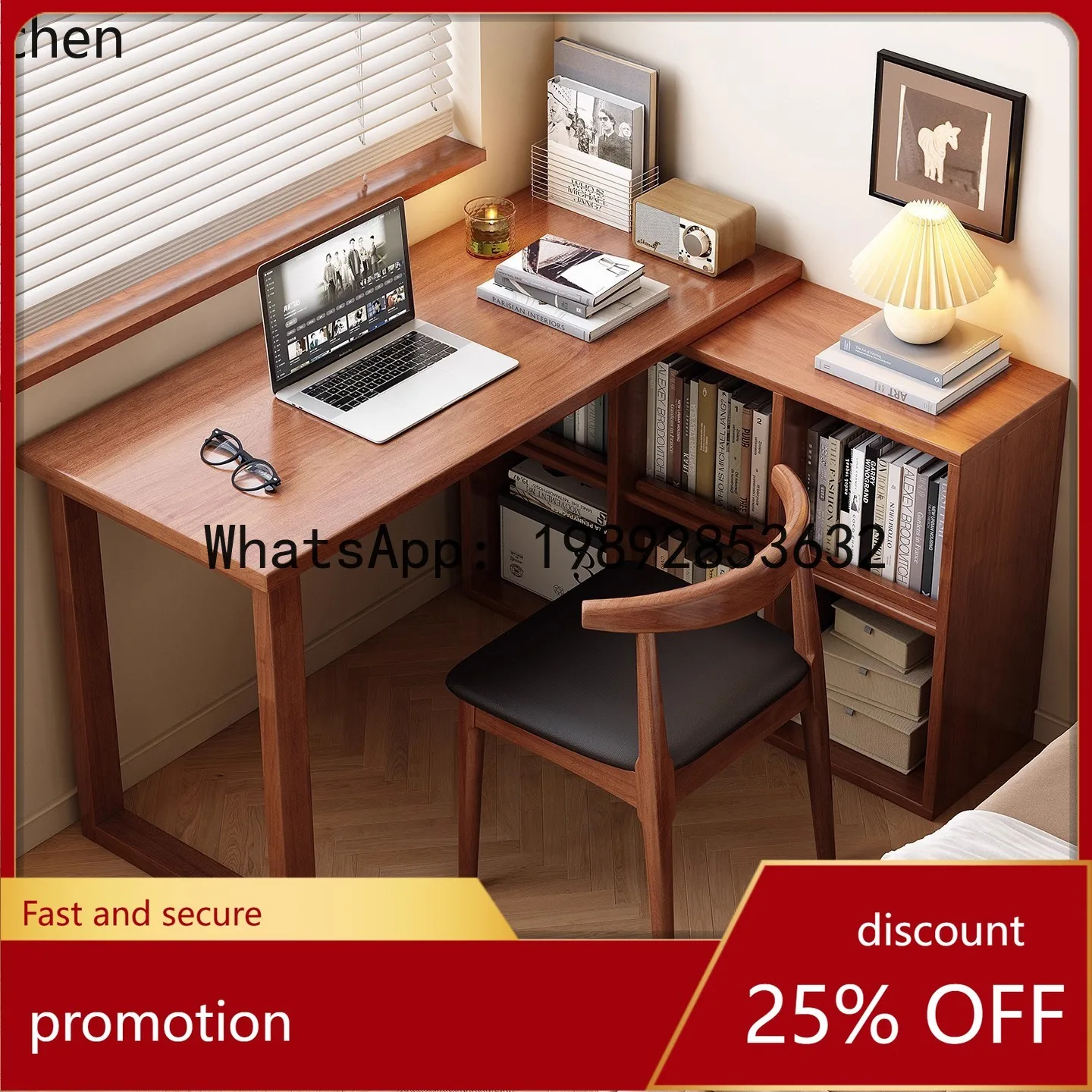 solid wood corner desk with built-in bookshelf - corner wall-mounted workstation
