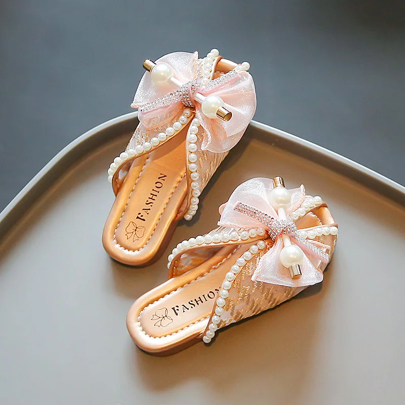 Girls Summer Mesh Lace Soft and Breathable Princess Slippers 2026 New Children's Sweet Style Pearl Bow Decorative Slippers