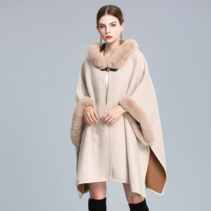 

Autumn Winter New Imitation Otter Rabbit Fur Collar Hooded Shawl Cape Imitation Wool Woolen Loose Ponchos Capes Coffee Cloak