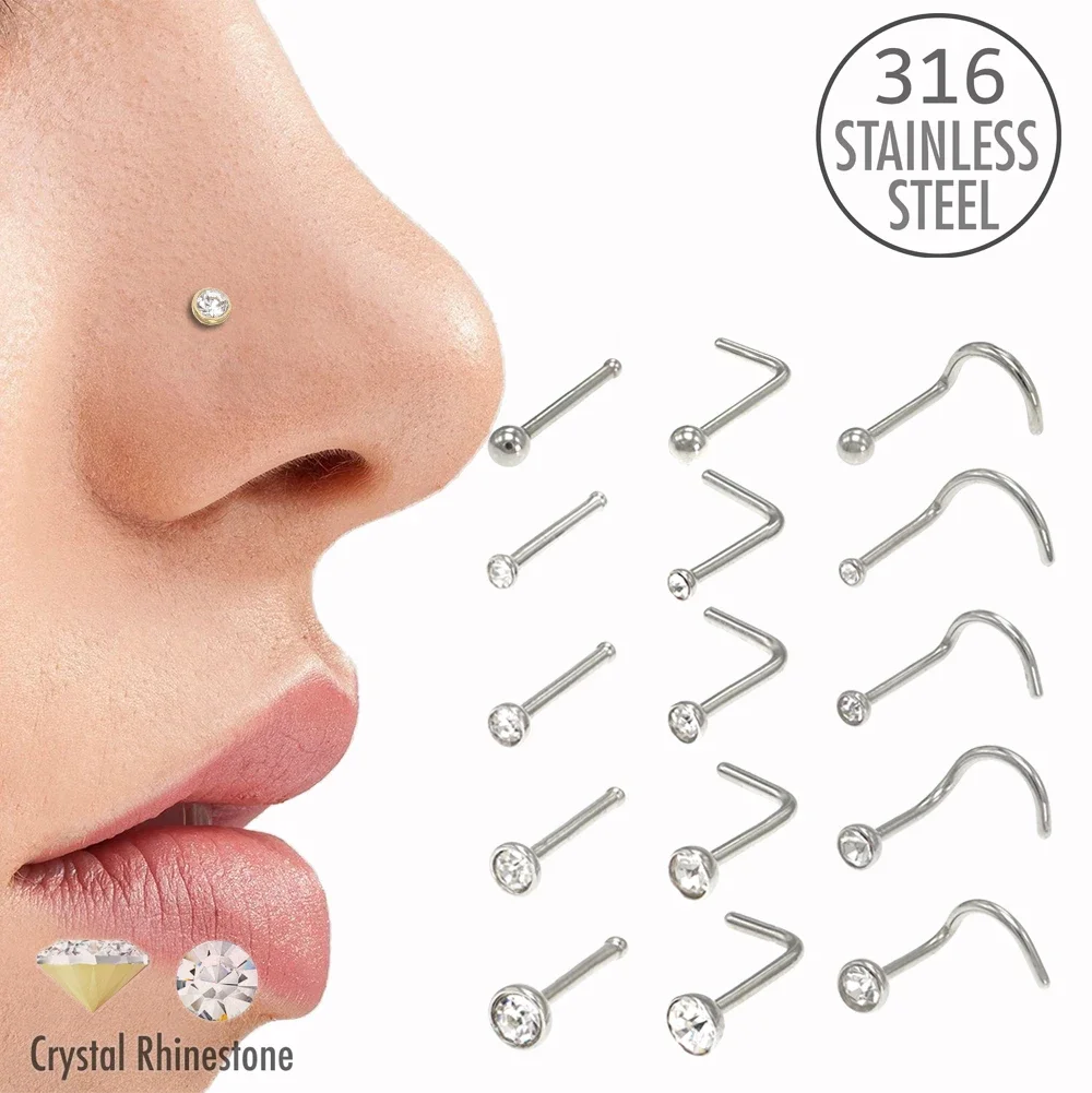 Piercing de acero inoxidable con gema de cristal para la nariz, joyería con forma de tornillo, 0,8mm y 1,0mm, 10 unidades por Set