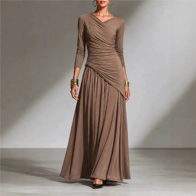 MsChuh Two Piece Outfit Woman Elegant 2 Piece Set Simple Style Dignified Temperament Slim Long Sleeves Pleated Solid Color Skirt