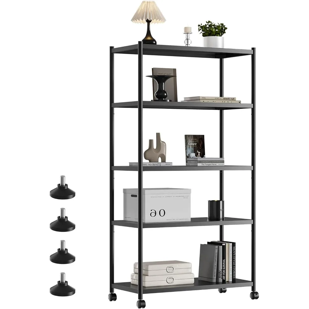 

ZZL 5 Tier Large Bookshelf 31.49 Width,Tall Book Shelf Storage and Organization w/Wheels,Industrial Book Shelves for Home Office