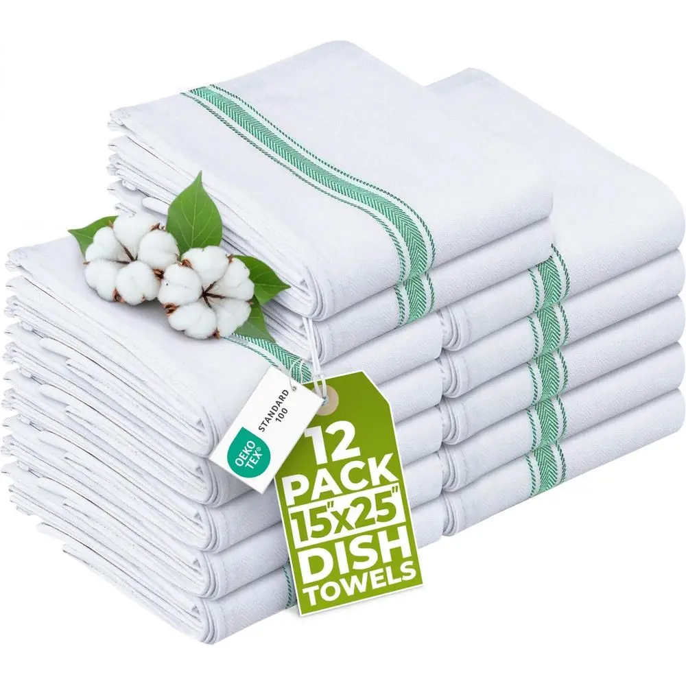 

12 Pack 15x25 Inch 100% Cotton Dish Towels - Absorbent, Reusable for Kitchen & Bar
