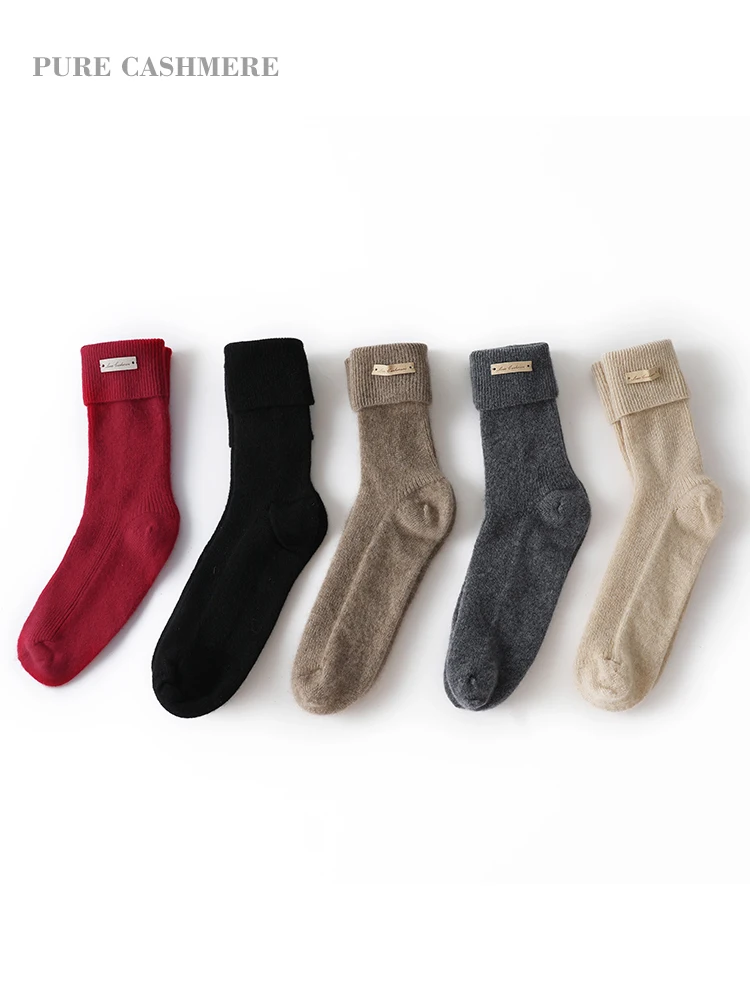 CHICUU High Quality 100% Cashmere Sock Women Autumn Winter Middle Tube Socks Thick Soft Keep Warm Cashmere Knit Mid calf Socks