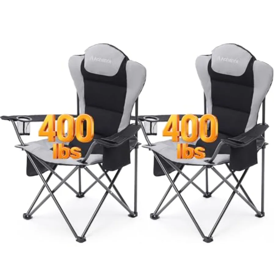 

Outdoor camping chairs for heavy adults steel frame black supports up to 400 lbs includes cup holder and cooler bag