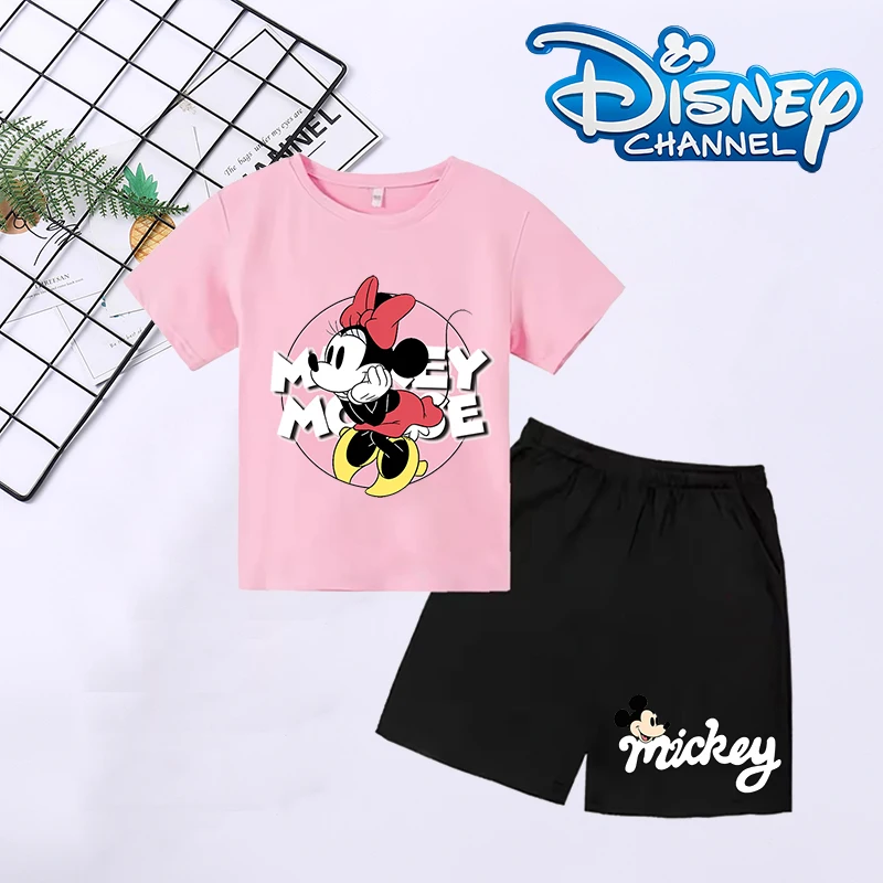 Disney Mickey Minnie Mouse Kids T-shirt Shorts Set Fashion Anime Tops Pants Suit Cute Print Boys Girls Clothes Short Sleeve Tees