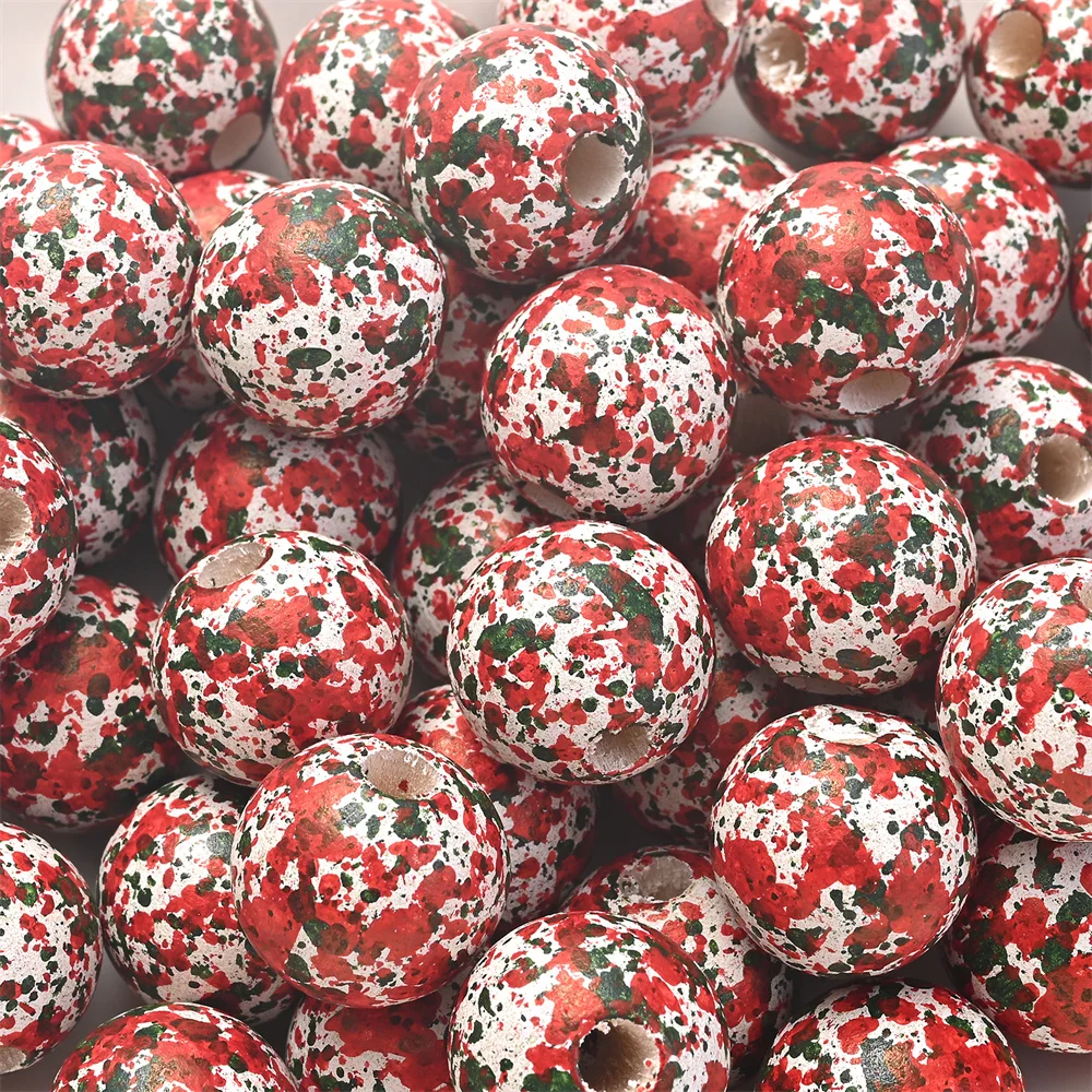 16mm 10 Stück Weihnachts-Holzperlen mit bemaltem Rot-Grün-Splatter-Graffiti, Vintage-Optik, große Löcher für DIY-Bastelarbeiten und Girlandenherstellung – Detail 9