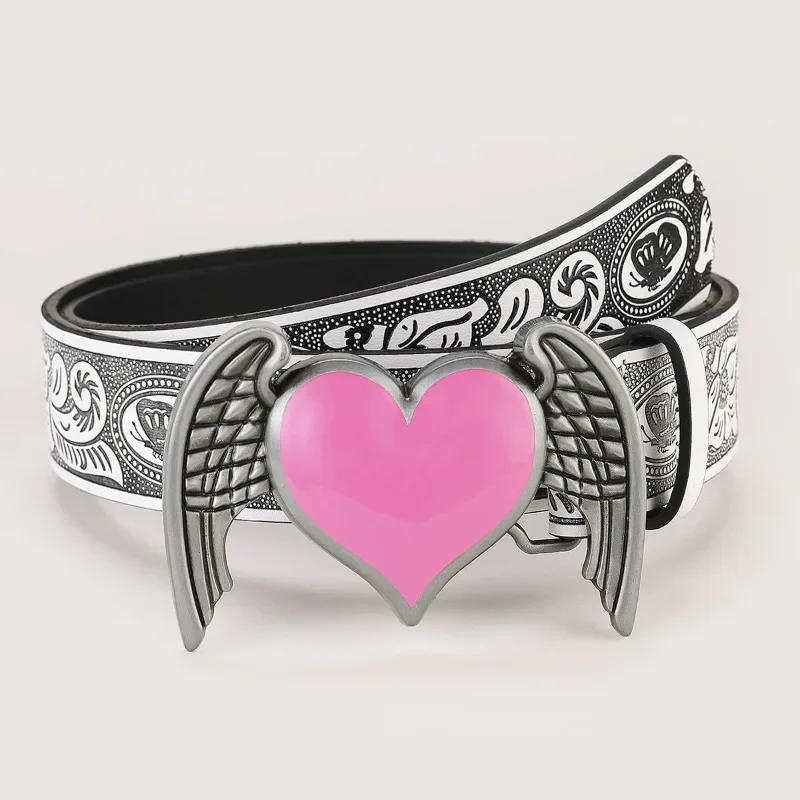 Women's Y2K Pink Love Wing Belt Women's Peach Heart PU Leather Waisband Perfect for Jeans & Western Outfits Accessories