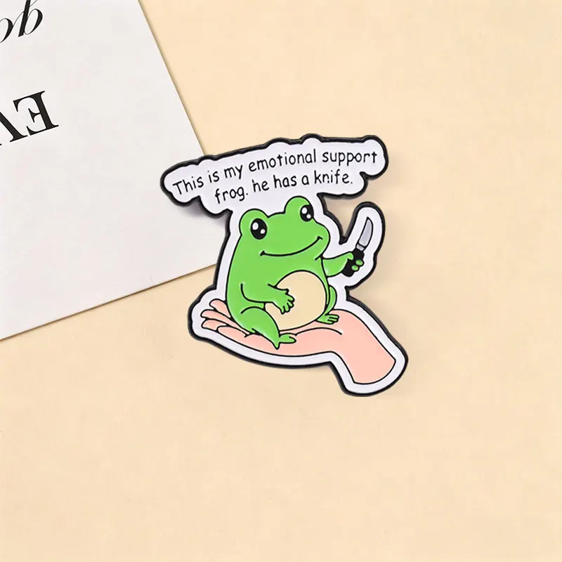 Emotional Support Frog Enamel Badge Funny Frog with Knife Black Humor Quote Cartoon Animal Pin Lapel Decor Brooch Jewelry Gift