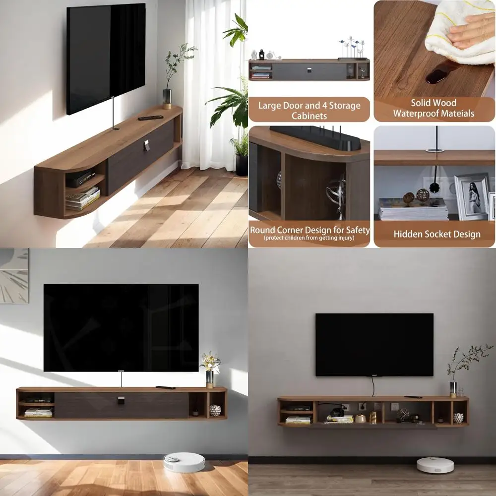 

Walnut 47-Inch Modern TV Stand with Wall Mount and Storage Shelves for Living Spaces