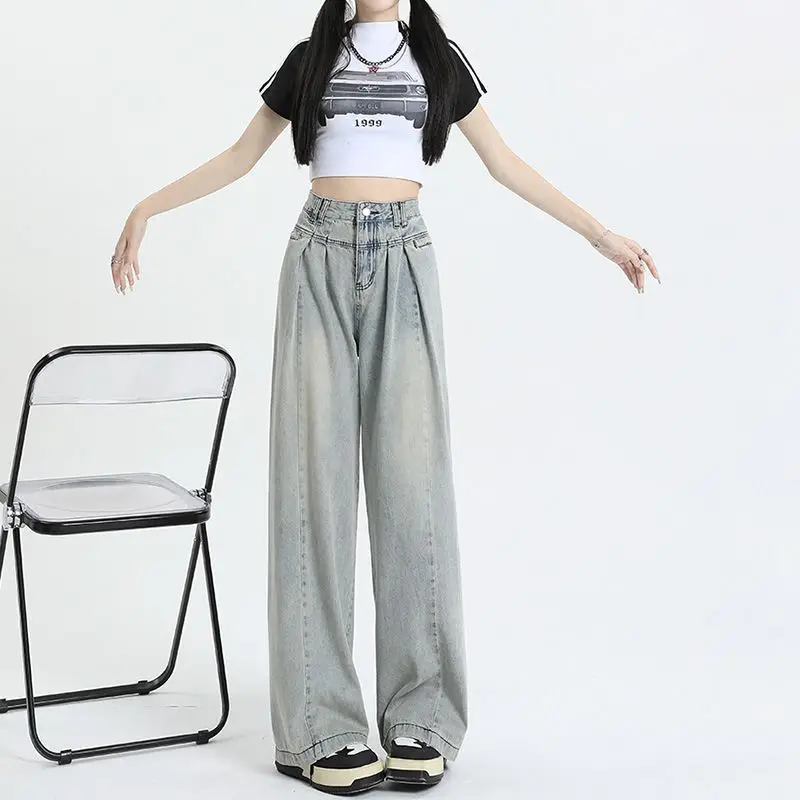 

Retro High-waisted Wide-leg Jeans Versatile Loose Drapey Straight-leg Floor-length Pants 2024 New Women's Pants