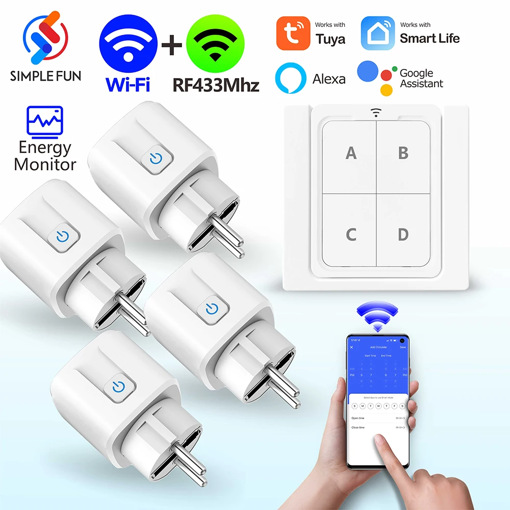 Inteligentna wtyczka Tuya WiFi i RF, gniazdo 16A z monitorem zasilania, bezprzewodowy przełącznik panelowy, gniazdko elektryczne współpracuje z