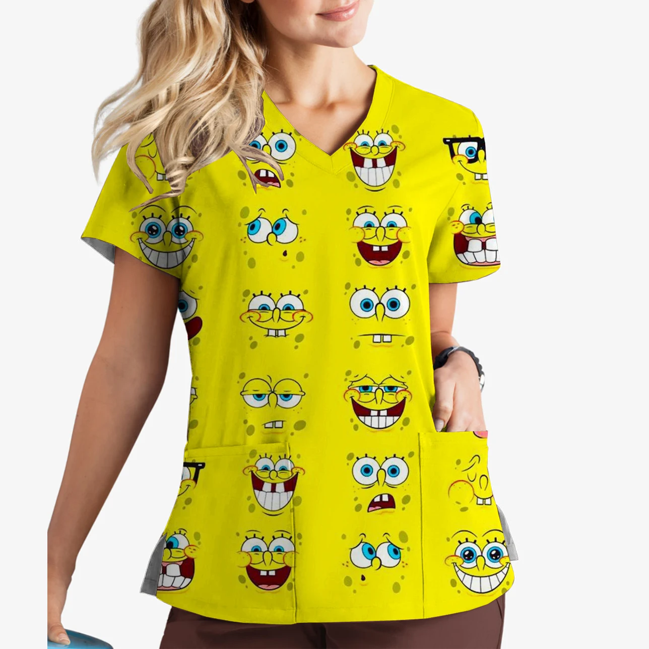 Cartoon SpongeBob SquarePants Print V-Neck Print Scrub Top Nursing Home Playground Women's Work Uniform