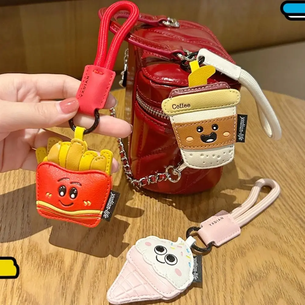 Simulation Food Funny Coffee Cup Shape Keychain French Fries PU Leather Ice Cream Pendant Ornaments Cartoon Car Key Ring Boy