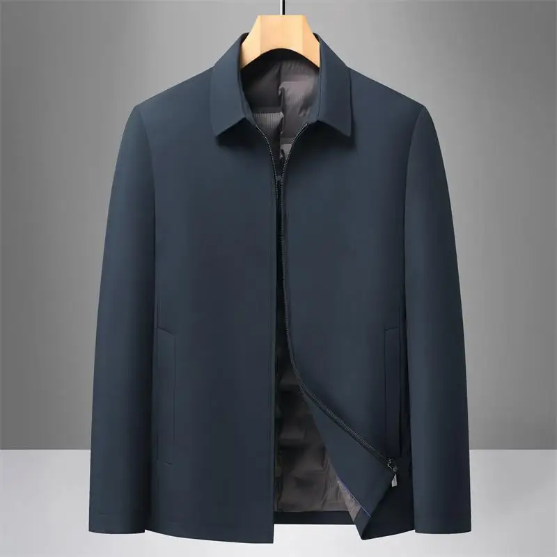 

A middle-aged man with a 90-degree white duck down zipper lapel down jacket, a leader's style, an administrative department's st