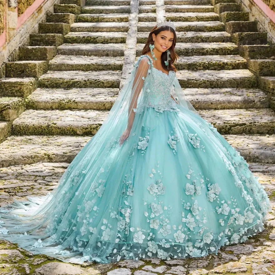 Robes de mariage de couleurs personnalisées, robe de RhQuinceanera, appliques de fleurs 3D en dentelle, perles avec cape, Sweet 16, Mexique