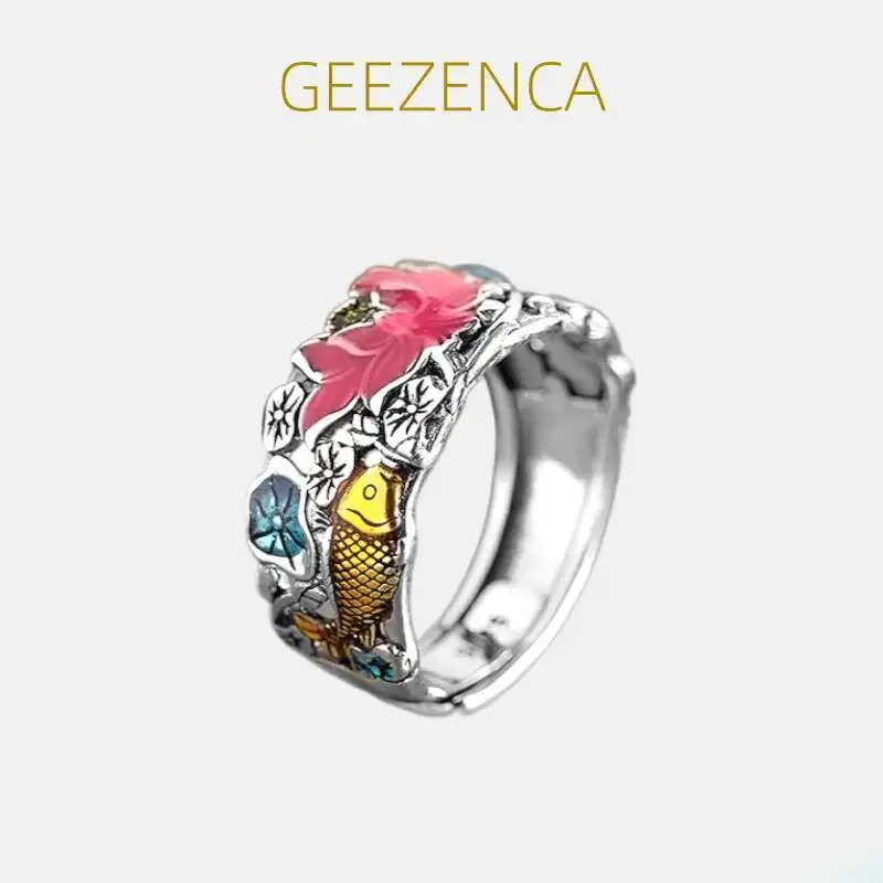 

GEEZENCA 925 Sterling Silver Enamel Lotus Koi Lucky Rings For Women Vintage Ethnic Oriental Style Resizable Ring 2022 New Gift