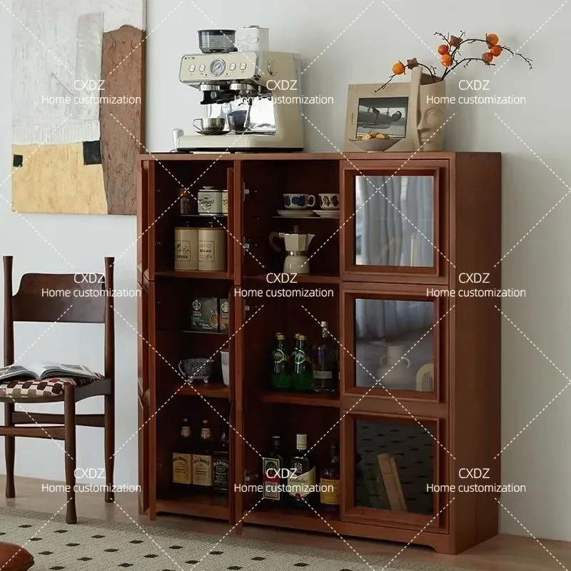Solid wood retro figure display cabinet, antique glass door display cabinet, household cherry wood combination side cabinet
