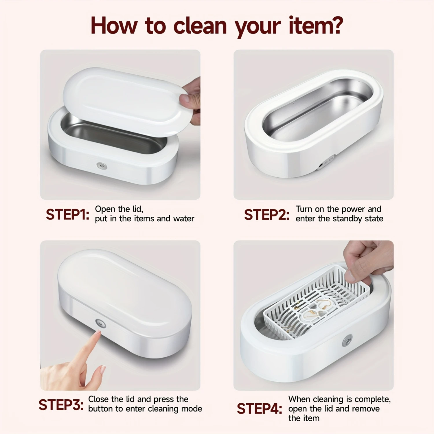 白色ポータブルプロフェッショナル高周波振動ジュエリークリーナーマシン、ステンレス鋼タンク付き、時計、眼鏡用