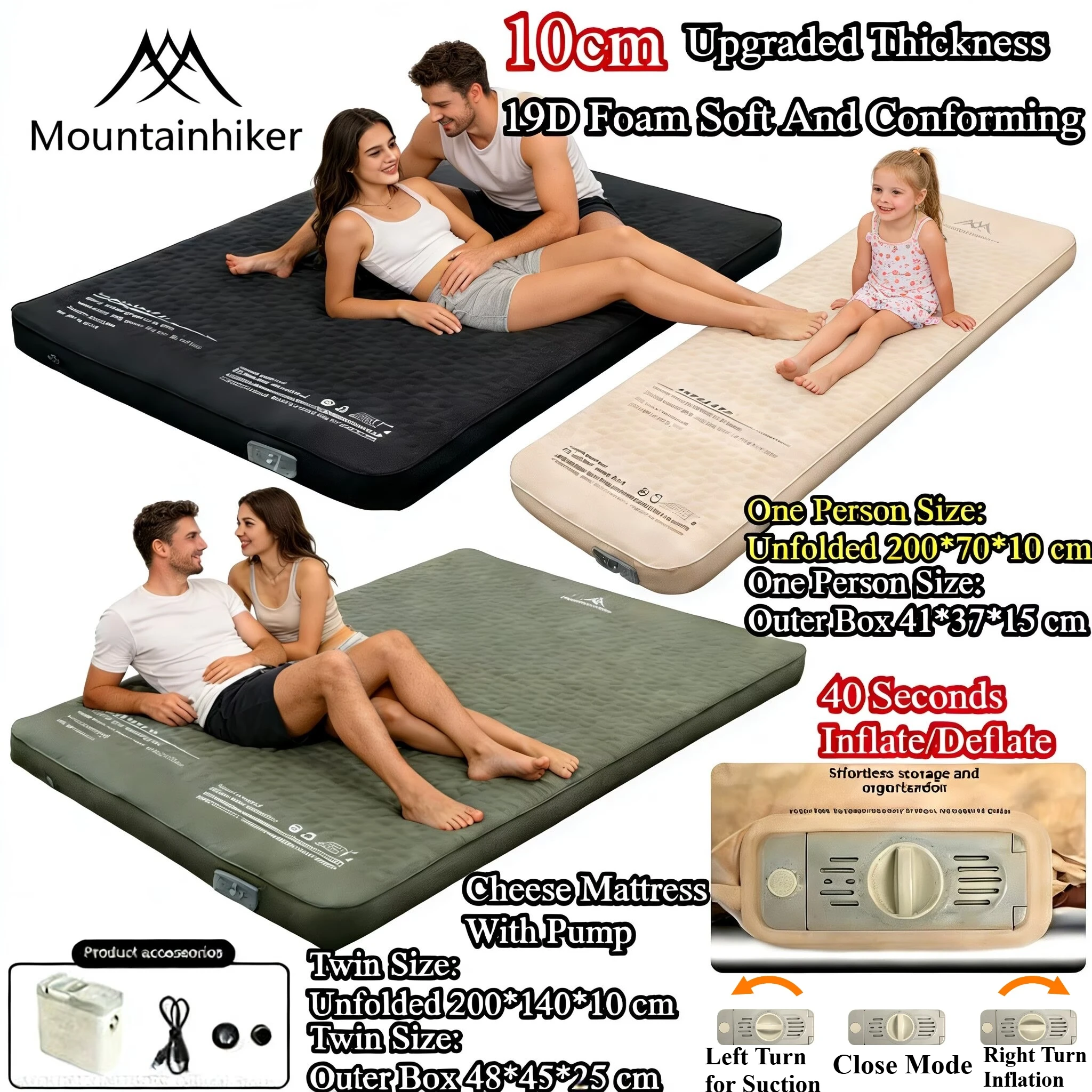 MOUNTAINHIKER Single Double Person Self-inflating Mattress Thick 10cm Compact Folding Camping Sleeping Bed Pad Air Mat Floor