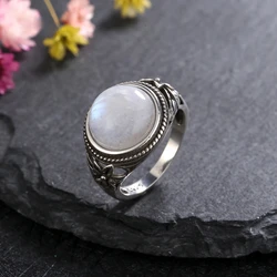 Newest Retro Flower S925 Silver Natural Moonstone Rings for Women Gemstone Fine Party Jewelry Wedding Birthday Gift