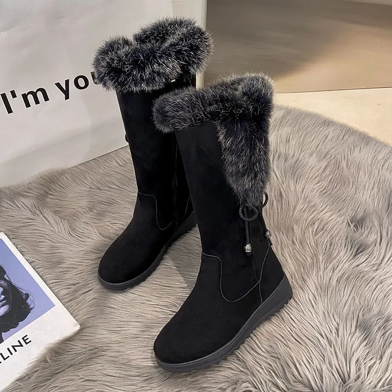 Cotton Boots Female 2022 Winter New Fashion Suede Snow Boots Women Plush Warm Flat Soled Mid Heel Boots Women