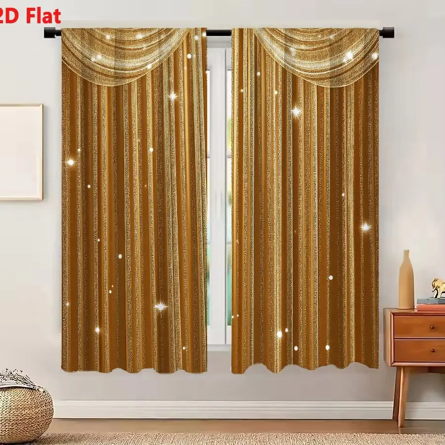 2Pcs Curtains Add 2D Flat Luxurious Golden Curtain Background With Twinkling Stars For Gala And Wedding Window Drapes for Bedroo