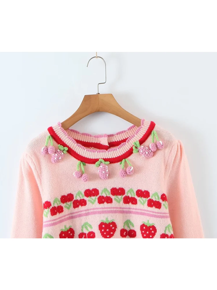 YENKYE New Fashion Women Sweet Pink Strawberry Cherry Thin Knit Sweater O Neck Long Sleeve Female Crop Pullover Autumn Tops