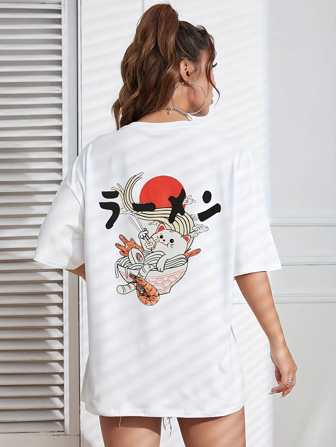 Harajuku Style Ramen Cat Printed Women T-Shirts Summer Casual Cotton Streetwear Fashion Breathable Tops Loose O-Neck Female Tees