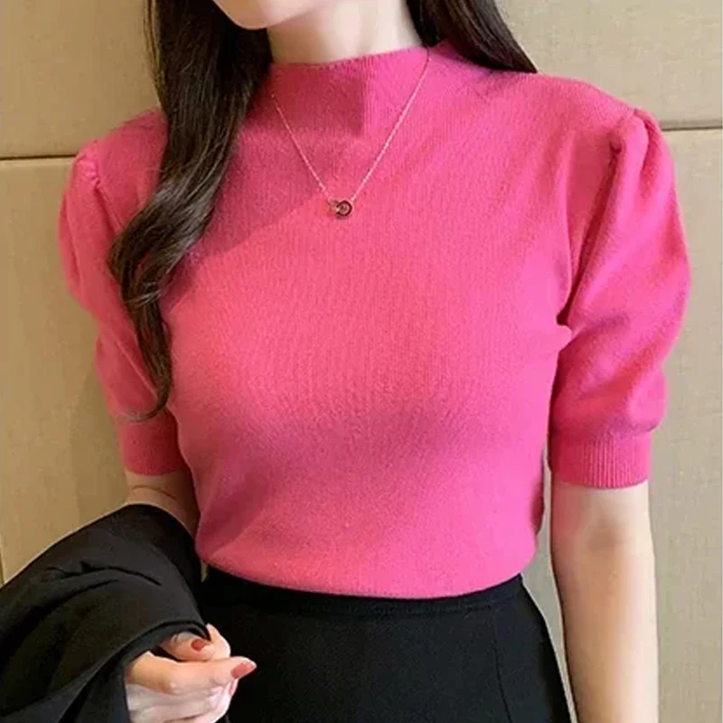 Lente Zomer Half Coltrui Gebreid Shirt Casual Mode Elegante Eenvoudige Tops Slim Fit Effen Geplooide Bladerdeeg Korte Mouw Blouse