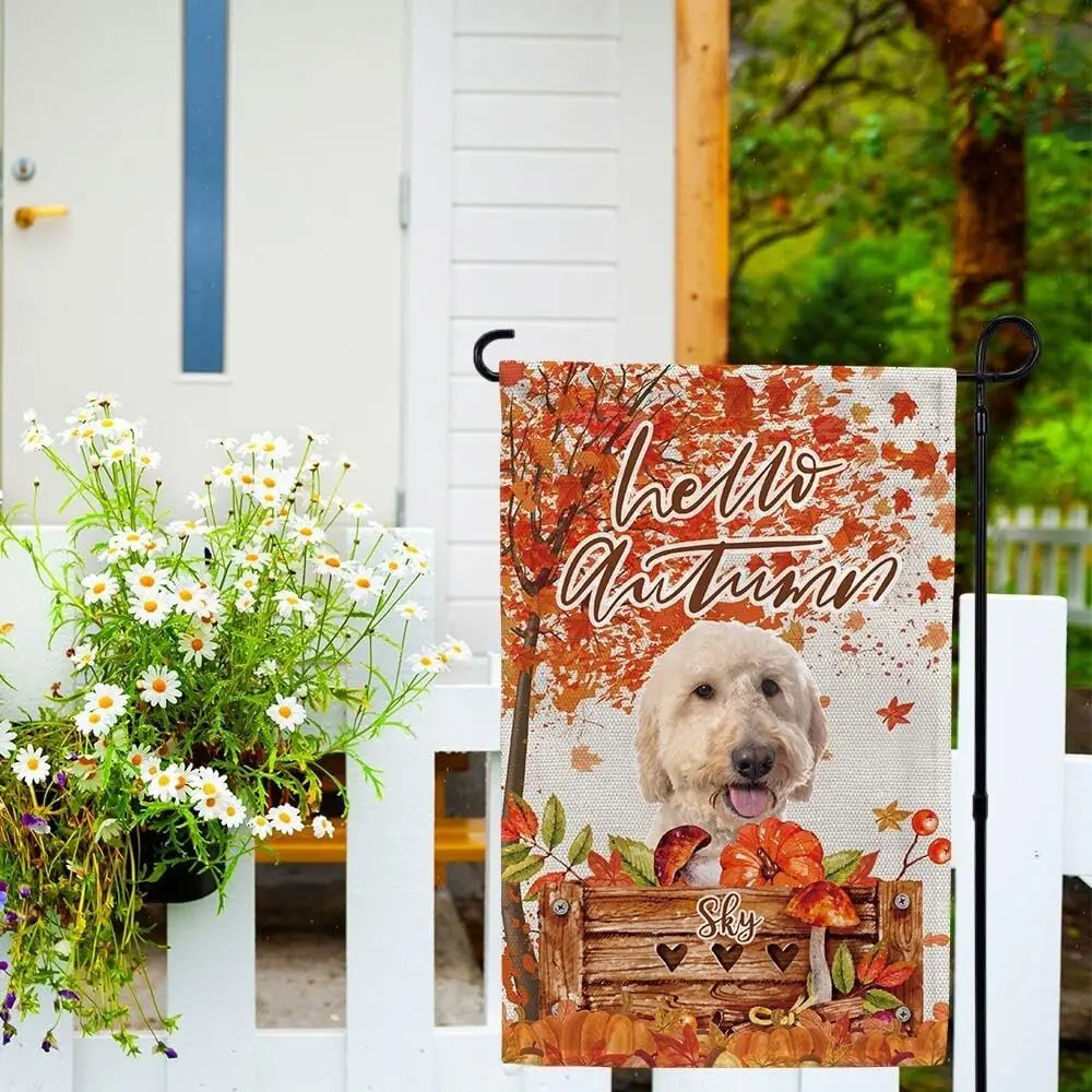 Garden Flag Custom Dog Name Hello Autumn Flag Cairn Terrier Maple Leaves Pumpkin Harvest Banner for Thanksgiving Decoration  yyi