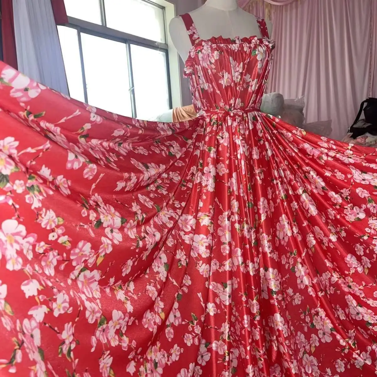 

Glossy Floral Print Women Satin Sleeveless Red Dress Loose Maxi dress Plus Size Sleeping Robe