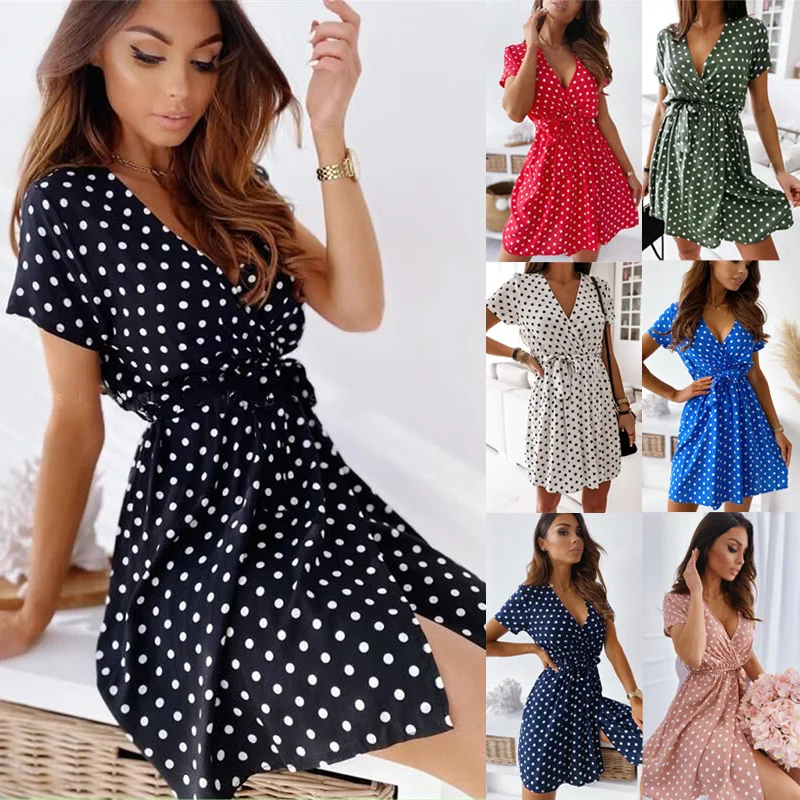 

Womens Summer Fashion Mini Dress Short Sleeve V-Neck Ladies Polka Dot Dreeses Split Vestidos For Femela Boho Beach Holiday Dress