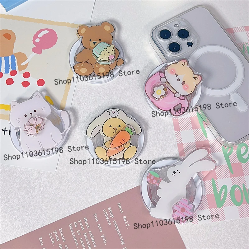 

Korean Cute Rotate Cartoon For Magsafe Magnetic Phone Griptok Grip Tok Stand For iPhone 16 15 Wireless Charging Case Holder Ring