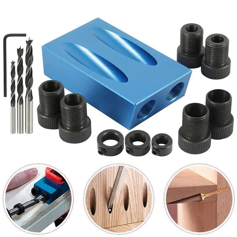 DIY Carpentry Tools Locator Drill Woodworking Oblique Hole Bits Pocket Hole Jig Kit 15 Degree Angle Drill Guide Set Hole Puncher