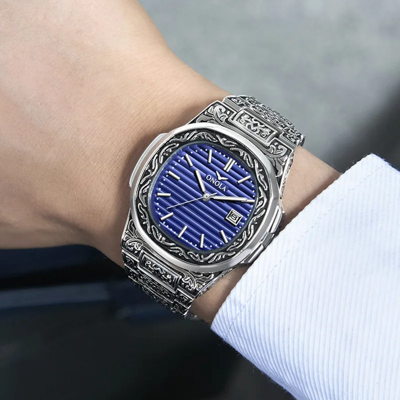 Onola 3808 moda masculina relógio de quartzo vintage wrsitwatch pulseira de aço à prova dwaterproof água relógios casuais de luxo para homem reloj hombre