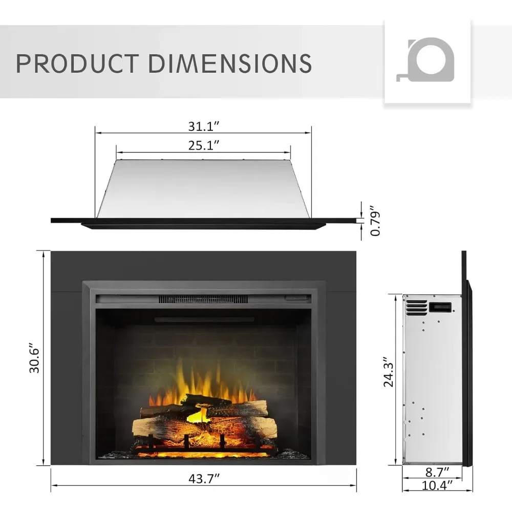 Inserção de lareira elétrica, aquecedor de lareira 750/1500W, som de crepitação de fogo, velocidade de chama ajustável, controle remoto