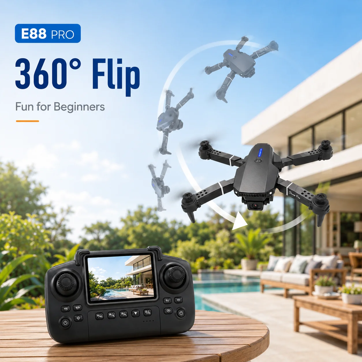 ZNLYRION E88 Pro RC Quadcopter with Screen Remote 480P Camera WIFI FPV Altitude Hold and Foldable Design for Kids and Adults