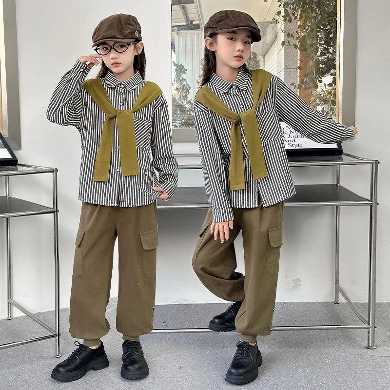 design chic teen girls clothes set Shawl Striped shirt+cargo pants 2pcs junior kid suit child outfits tween girls clothing 10-12