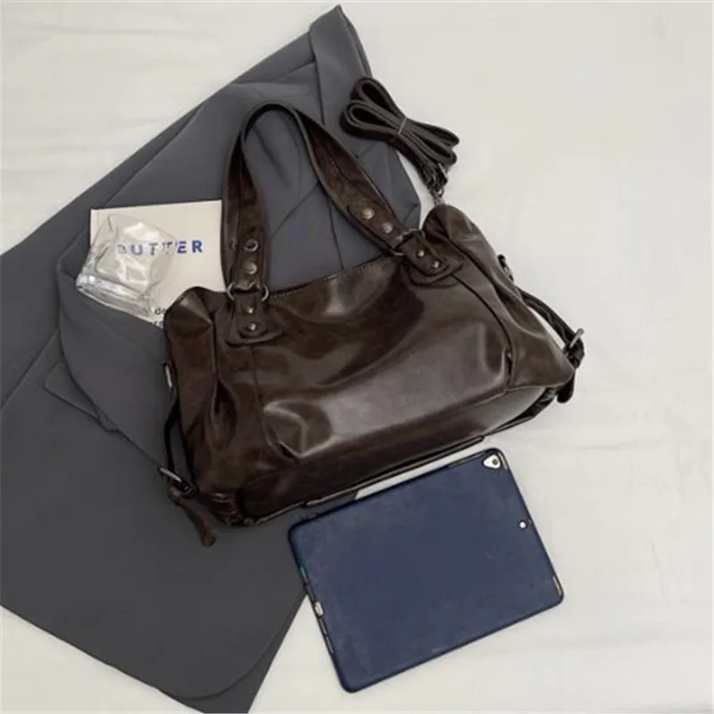 Retro Oil Wax Faux Leather Tote Bag Large Capacity Handbag Shoulder Bag  Adjustable Strap Crossbody Bags Satchel Purse for Daily view 4