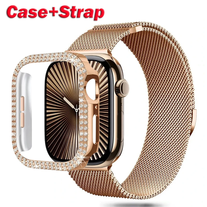 Diamentowe etui + pasek mediolański do bransoletki iWatch Band Ultra 2 do zegarka Apple Watch 10 9 8 7 46 mm 42 mm 45 mm 44 mm 40 mm 41 mm Seria 6 5 4