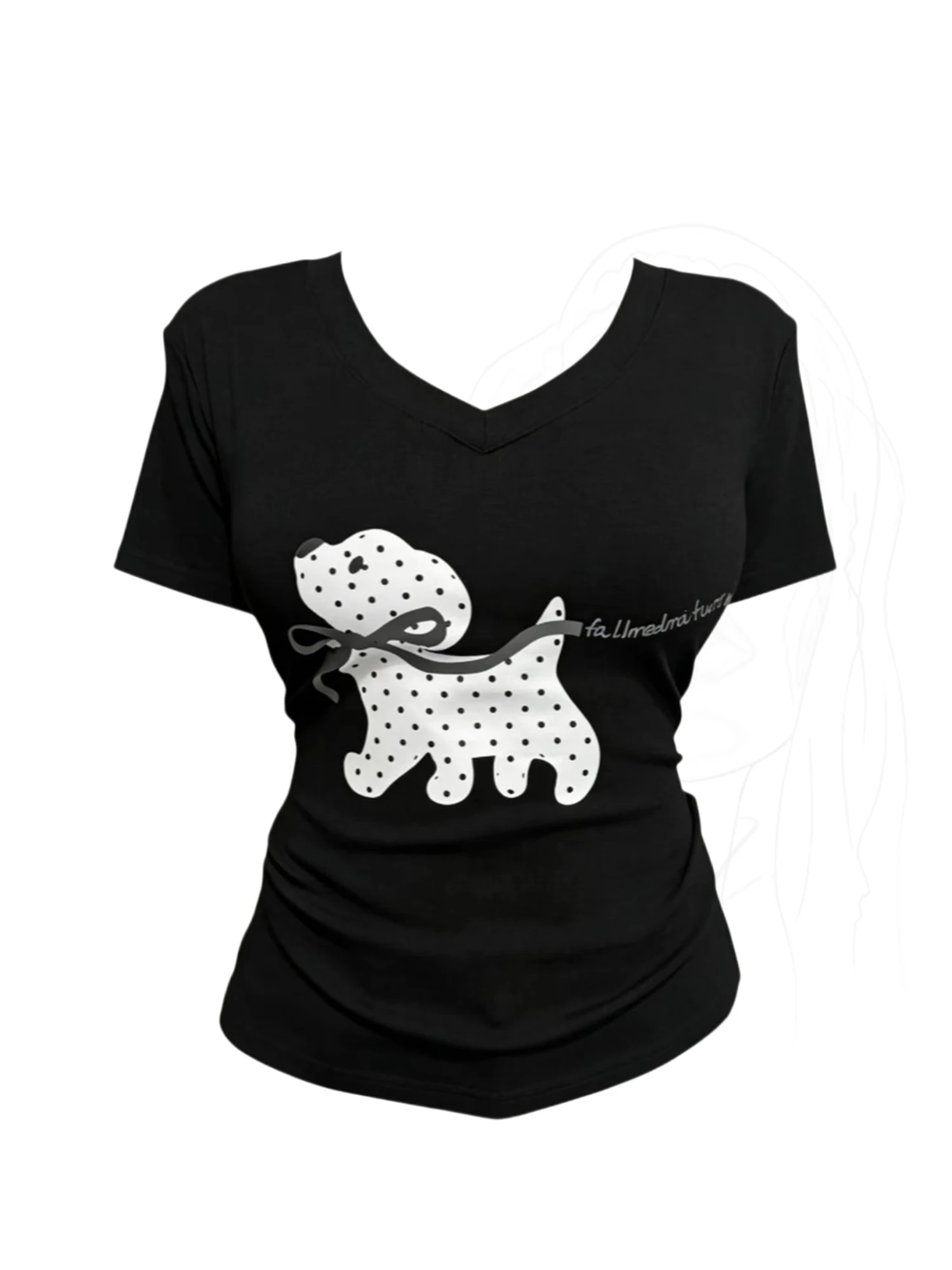 Women's Black Gothic T-shirt Aesthetic Y2K Gyaru Print T-shirt V-neck Short Sleeve American Retro Tee Top for Women Summer 2026