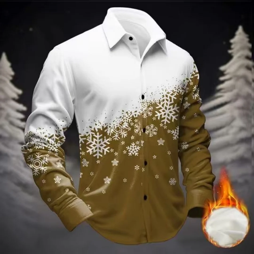 Kemeja Pria 2026 Bermotif Kepingan Salju 3D, Atasan Gaya Jalanan Natal Lengan Panjang Kancing