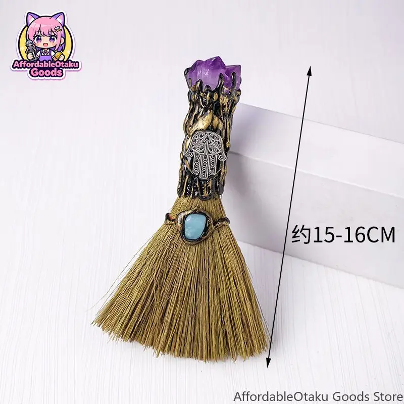 1pc Amethyst Crystal Witch Broom, Handmade Mini Magic Besom with Hamsa Hand, Healing Energy Wicca Tool for Home Altar Decor 15cm