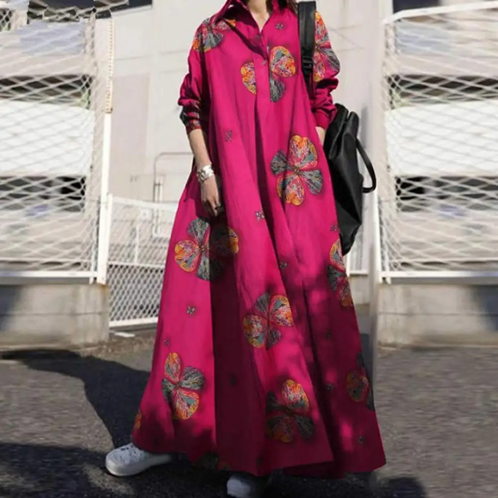 

Bohemian Dress Floral Print Ethnic Style Maxi Dress for Women with Turn-down Collar Long Sleeves Plus Size A-line Ankle Length