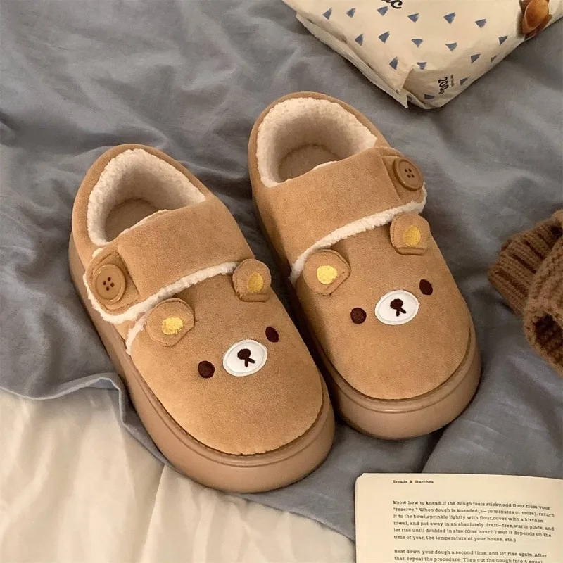 Original Japanese Kawaii Lolita Shoes Autumn Winter Girls Home Cotton Slippers Cartoon Bear Indoor Magic Tape Thick Sole Shoes