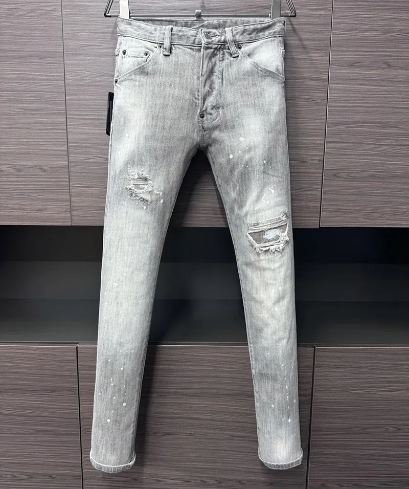 Marca dsq2 calças jeans masculinas buraco fino lápis calças botões de metal festa clássicos moda cinza dsq jenas