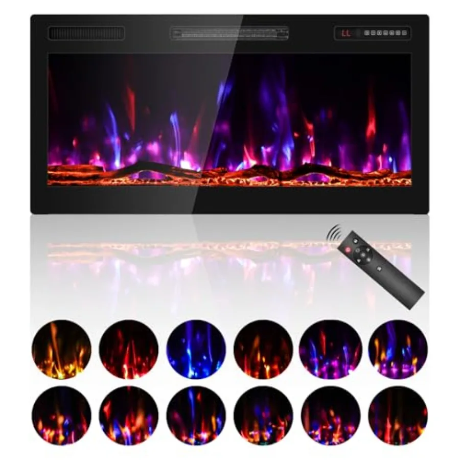 

36 Inch Electric Fireplace Recessed and Wall Mounted Ultra Slim Linear Fireplace Heater with Realistic Log Design HD Lifelike F