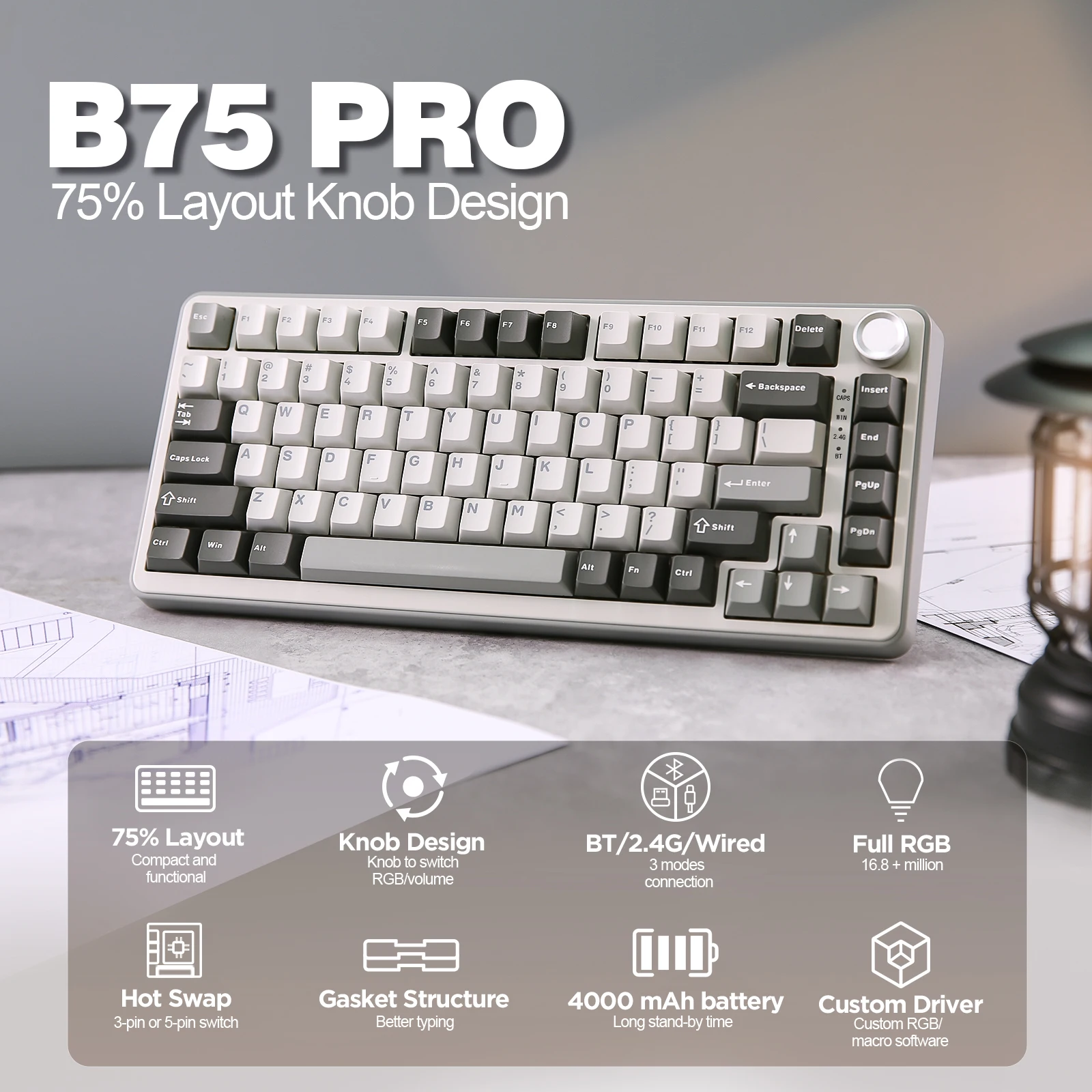 YUNZII B75 PRO لوحة مفاتيح ميكانيكية لاسلكية للألعاب مكونة من 82 مفتاحًا، حشية قابلة للتبديل السريع مخصصة RGB 75% BT/Type-C/2.4G لوحة مفاتيح بمقبض كريمي